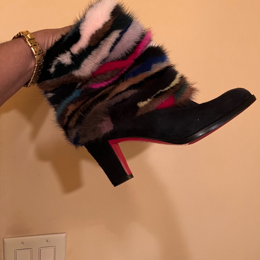 Christian Louboutin Black and Multicolor Fur Heeled Boots